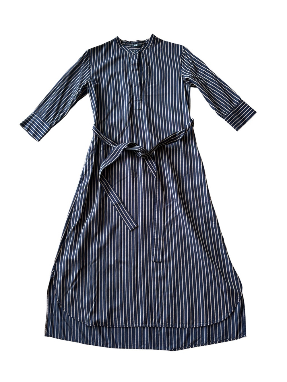 Uniqlo Striped Navy Blue Shirt Dress with bronze color stripes comes with Belt